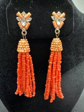 Beaded Tassel Drop Earrings With Orange Beads & Rhinestone Accents Bold Statemen